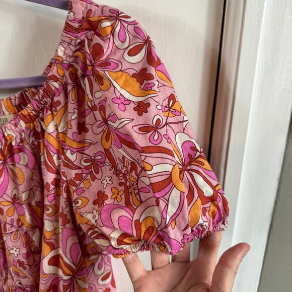 A.N.A. (A New Approach) Linen Blend Peasant Dress – Pink Orange Floral Retro - Picture 5 of 8